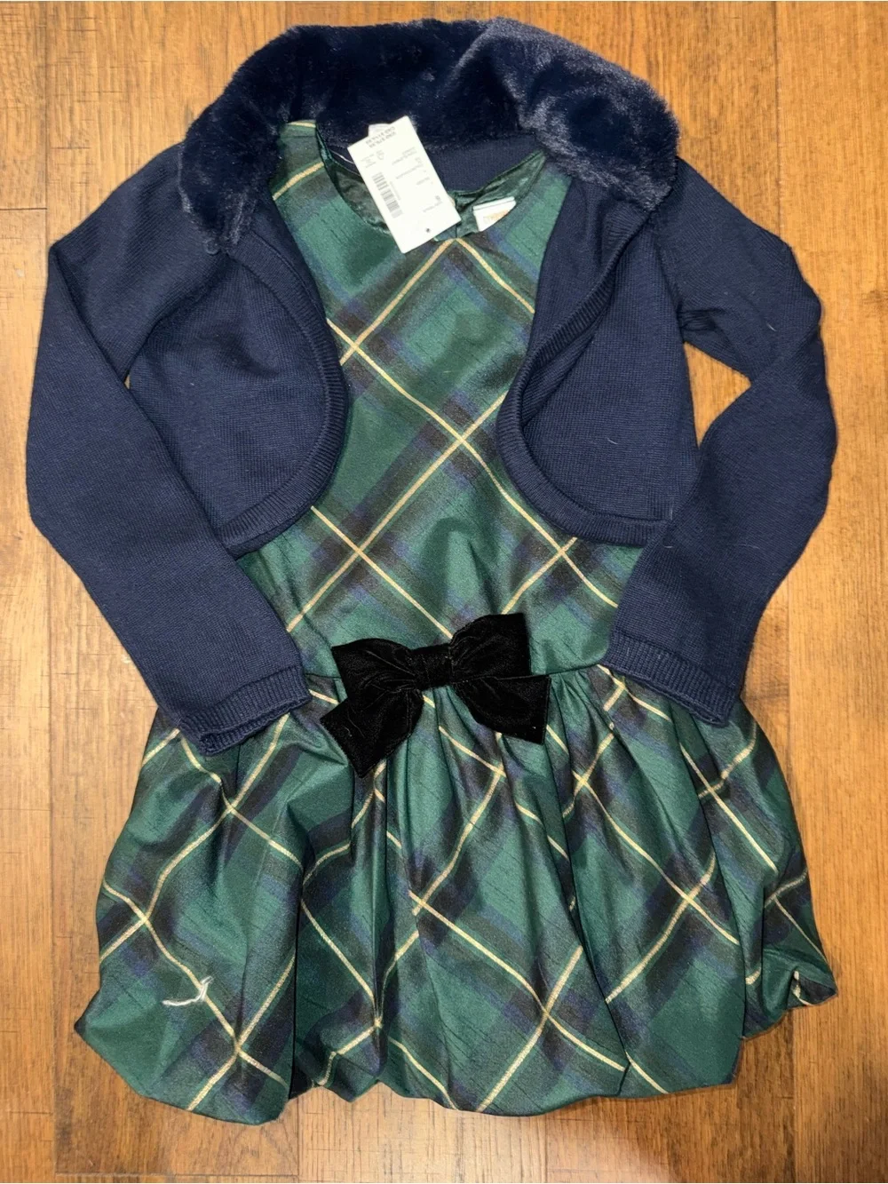 Gymboree Green and Navy Plaid Holiday Dress with Velvet Bow